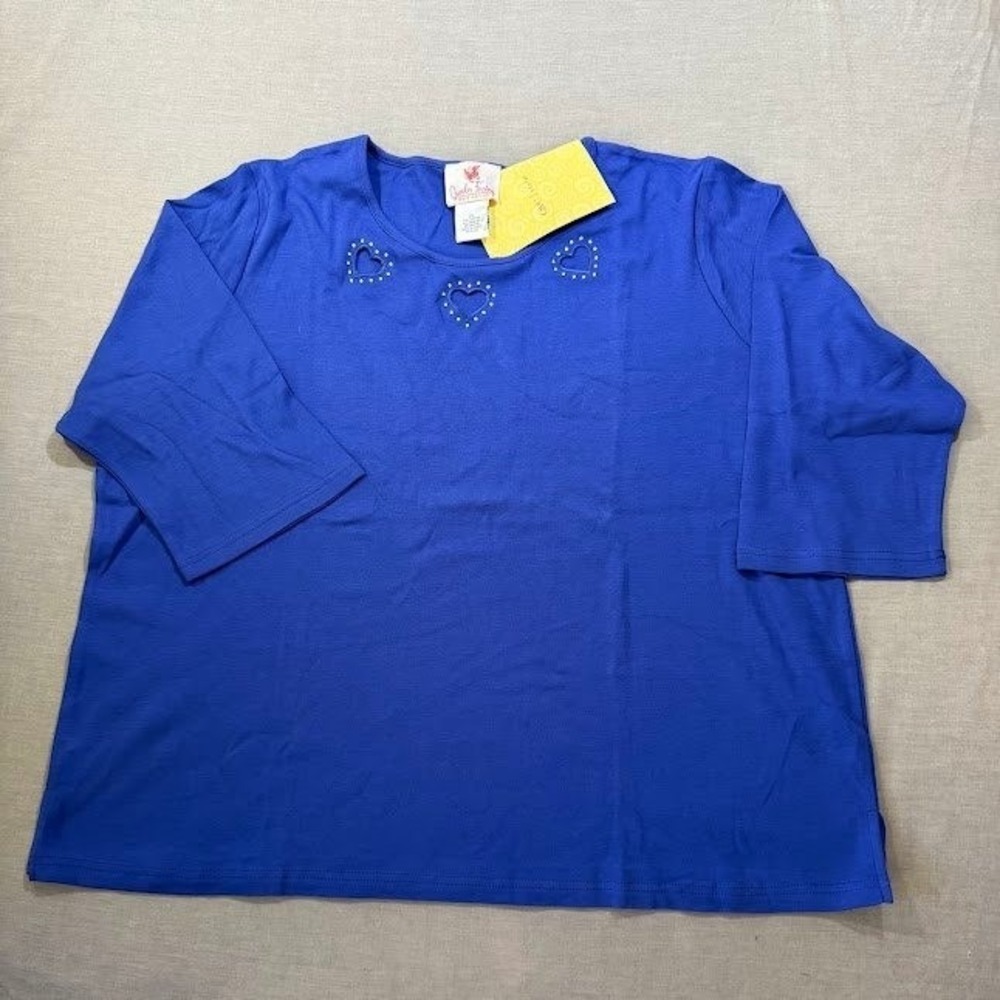 Quaker Factory Blue Cotton 3/4 Sleeve Embellished Hearts Top‎ Plus Size 2X